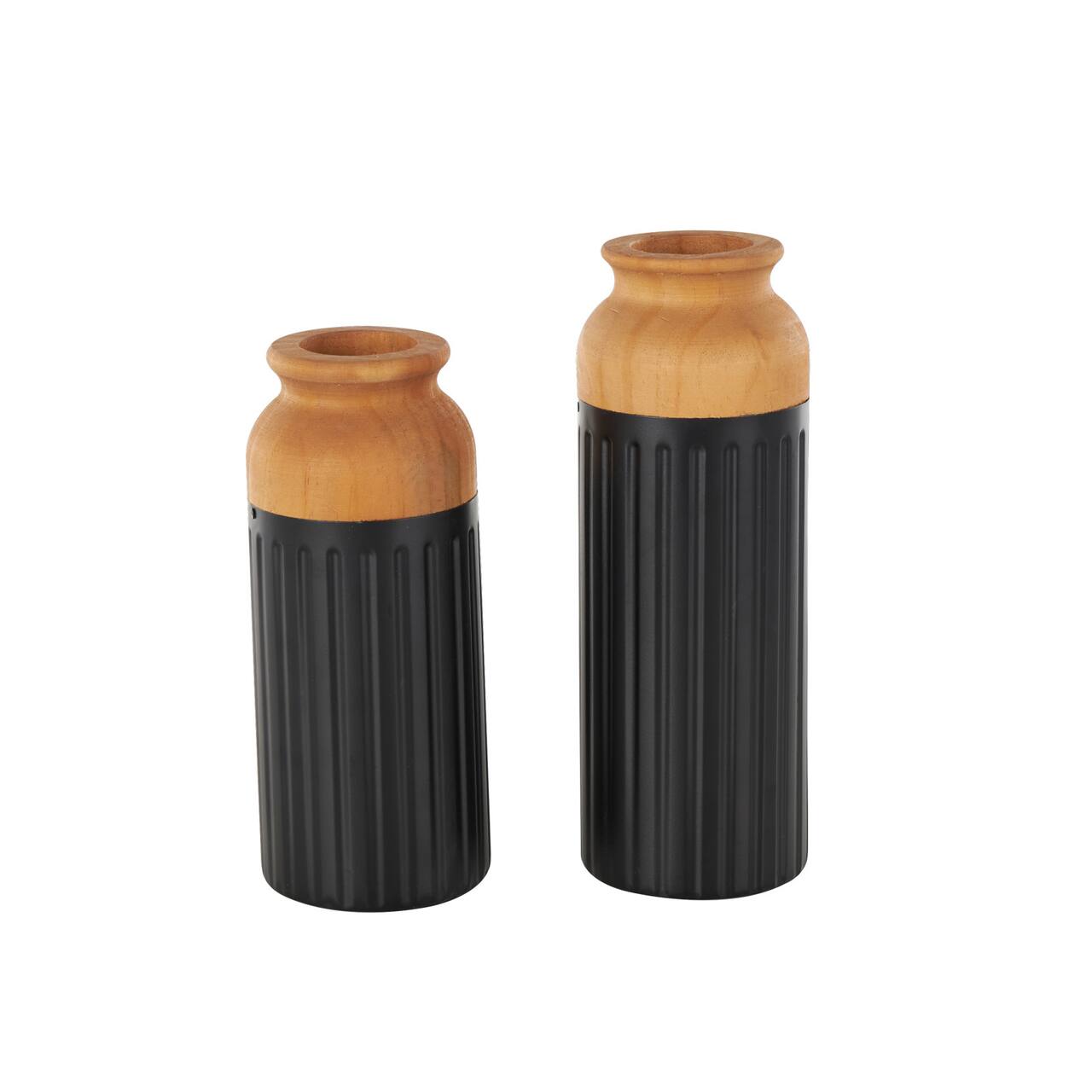 Black Metal Color Block Decorative Vase with Rounded Linear Grooves & Brown Wood Tops, 2ct.